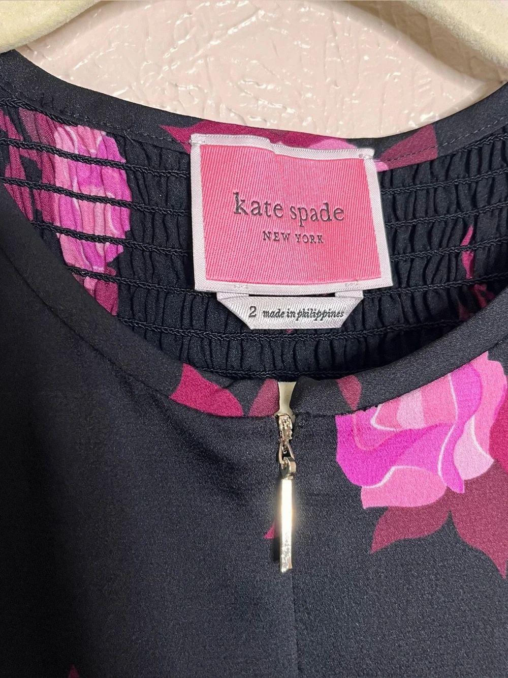 Kate Spade NY Rose Garden Smocked Satin dress black pink